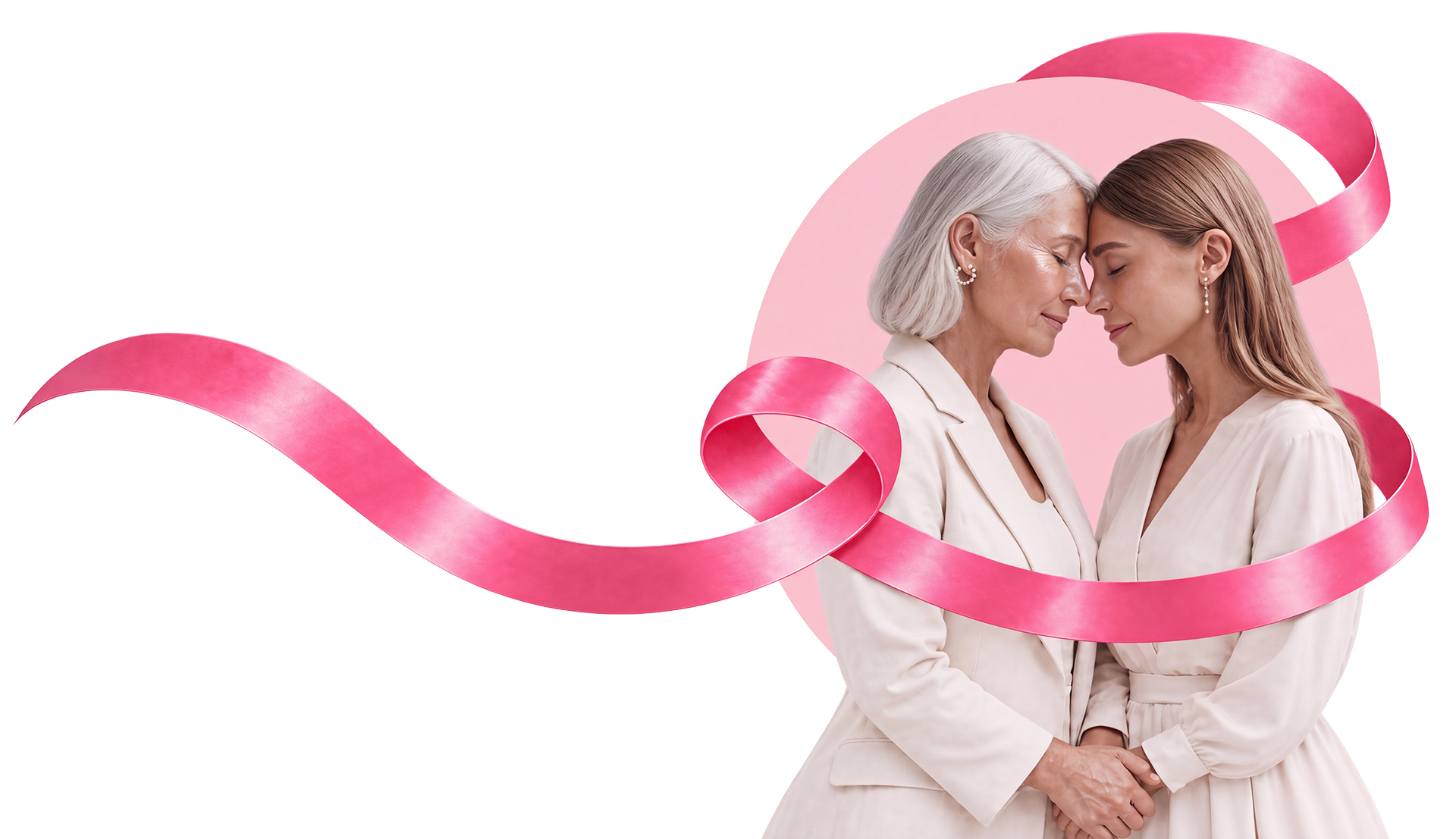 pink October elder woman hugging younger pink ribbon