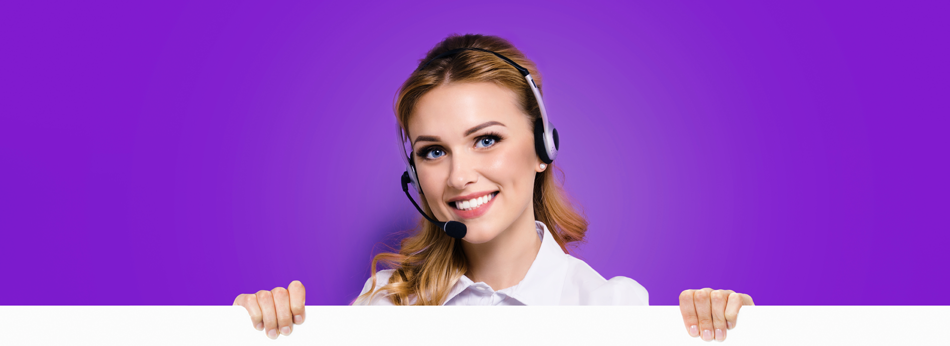 Woman smiling with a headset against a vibrant purple background, representing professional customer support at TP.