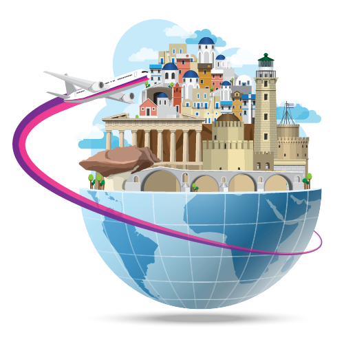 Illustration of a globe featuring iconic Greek landmarks such as the Parthenon, Santorini houses, and a lighthouse, with an airplane circling around the Earth in a pink trail.