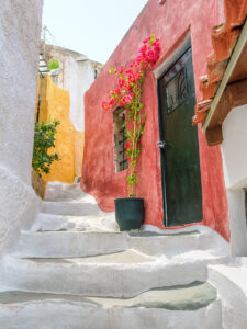 Charming narrow alleyway in Athens with whitewashed steps, a red house with a black door, and vibrant pink bougainvillea climbing the wall under bright sunlight.