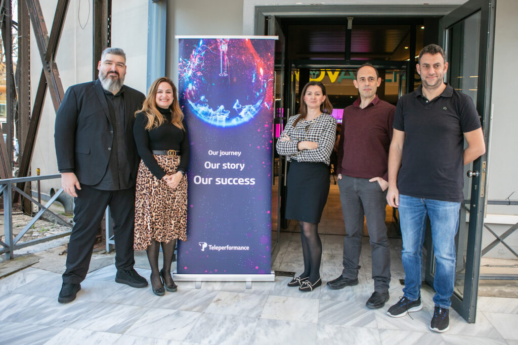 TP Greece leadership team with SciFY representatives outside Innovathens during the AI Pioneers in Civil Society event.