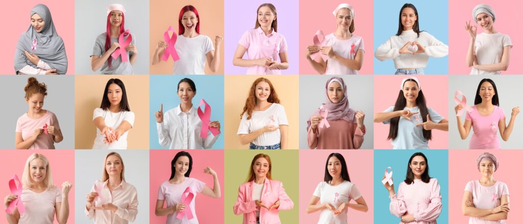 Collage of diverse women wearing pink or white clothes and holding pink ribbons, symbolizing breast cancer awareness and unity during Pink October.