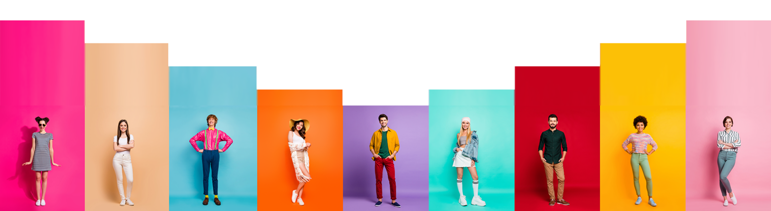 A diverse group of people standing in front of colorful backgrounds, representing individuality and inclusion.