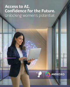 Woman holding laptop and Logo of TP and Mexoxo