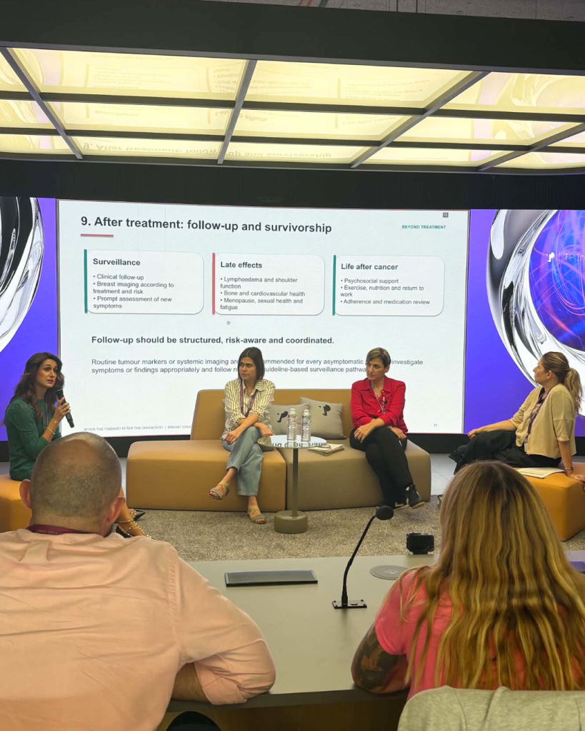Panel discussion featuring Dr. Eyfrosyni Panopoulou, mastologist; Tania Kourtidou, person-centred psychotherapist; and representatives of the K.E.F.I. Athens Cancer Patients, Volunteers, Friends and Doctors Association, moderated by Dimitra Aggelopoulou, Vice President at TP Greece, TP Women Committee member
